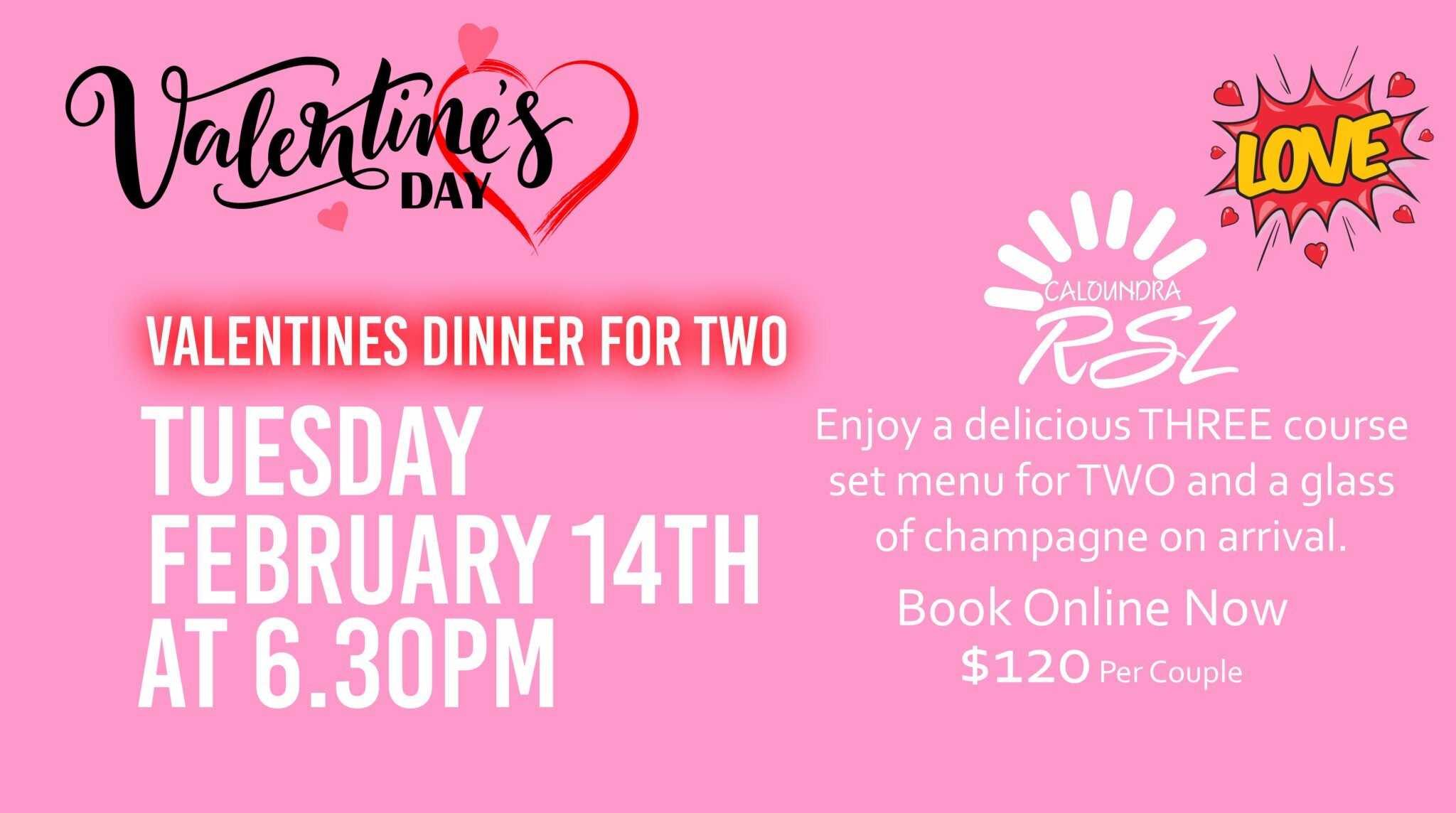 Valentines Dinner For TWO Caloundra RSL